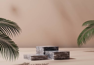 bej arkaplan ve beyaz mermer kaide podyum modellemeli doğal yaprak, ürün sergisi ve sunumu için boş platform, 3D oluşturma