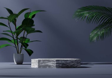 Doğal yaprak ve koyu arkaplan, beyaz mermer podyum modeli veya kaidesi olan, ürün sergisi ve sunumu için boş platform, 3D görüntüleme