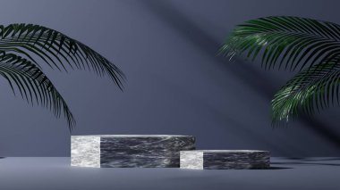Doğal yaprak ve koyu arkaplan, beyaz mermer podyum modeli veya kaidesi olan, ürün sergisi ve sunumu için boş platform, 3D görüntüleme
