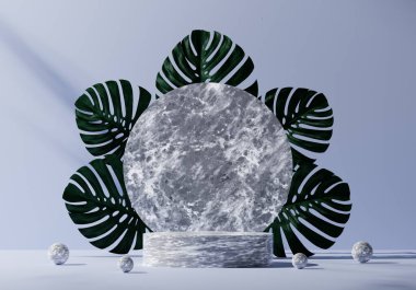 Beyaz mermer kaidesel podyum modeli, doğal yaprak ve bitki içeren mavi duvar arkaplanı, ürün sergisi ve sunumu için boş platform, 3D görüntüleme