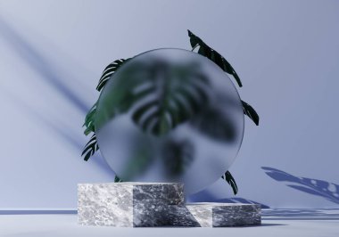 Beyaz mermer kaidesel podyum modeli, doğal yaprak ve bitki içeren mavi duvar arkaplanı, ürün sergisi ve sunumu için boş platform, 3D görüntüleme