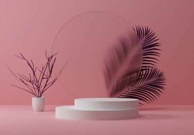 Minimum pembe arkaplan ve beyaz kaidesel podyum modellemeli canavar yaprağı, ürün sergisi ve sunumu için boş platform, 3D görüntüleme