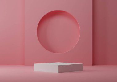 Güzellik ürünleri için beyaz kaidesel podyum modeliyle minimal pembe zemin, vitrin ve sunum için boş platform, 3D görüntüleme