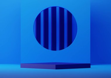 Donanma kaidesi modellemesi ile minimal mavi ışık arkaplanı, ürün sergisi ve sunumu için boş platform, 3D Hazırlama