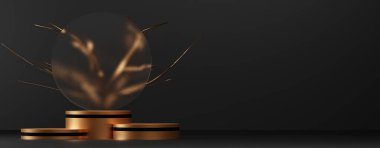 Altın kaidesi ya da podyum modellemesi olan lüks altın arkaplan, ürün sergisi ve sunumu için boş platform, 3D sunum