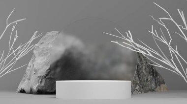 Beyaz kaide veya podyum modellemeli gri monokrom arkaplan, ürün sergisi ve sunumu için boş platform, 3d görüntüleme