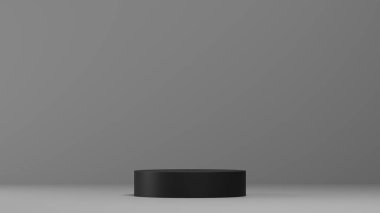 Siyah kaide veya podyum modellemeli gri monokrom arkaplan, ürün sergisi ve sunumu için boş platform, 3D görüntüleme