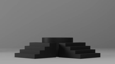 Siyah kaide veya podyum modellemeli gri monokrom arkaplan, ürün sergisi ve sunumu için boş platform, 3D görüntüleme