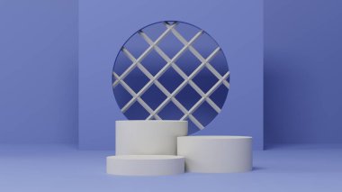 Beyaz geometri kaidesi ya da podyum modellemesi olan mavi arkaplan, ürün sergisi ve sunumu için boş platform, 3d görüntüleme
