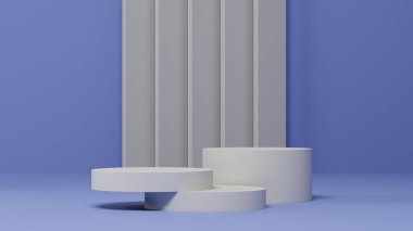 Beyaz geometri kaidesi ya da podyum modellemesi olan mavi arkaplan, ürün sergisi ve sunumu için boş platform, 3d görüntüleme