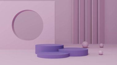 minimal pastel pembe ve mor kaide veya podyum modelleme görüntüsü, ürün vitrini ve sunumu için boş platform, temiz sahne, 3D görüntüleme