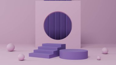 minimal pastel pembe ve mor kaide veya podyum modelleme görüntüsü, ürün vitrini ve sunumu için boş platform, temiz sahne, 3D görüntüleme