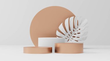 minimal beyaz ve altın kaidesi veya podyum modelleme görüntüsü, ürün gösterisi ve sunumu için boş platform, temiz sahne, 3D görüntüleme