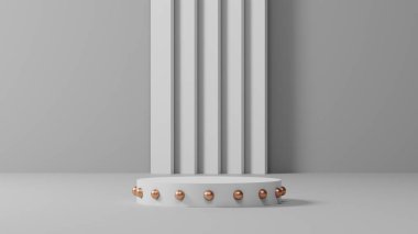 minimal beyaz ve altın kaidesi veya podyum modelleme görüntüsü, ürün gösterisi ve sunumu için boş platform, temiz sahne, 3D görüntüleme