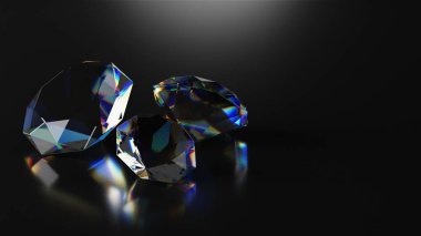 Karanlık arka planda izole edilmiş bir elmas grubu, parlak lüks kristal mücevher, objeye yumuşak odaklanma, 3D görüntüleme