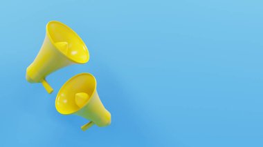3d sarı megafon mavi arkaplanda izole edilmiş, kopyalama alanı, 3d görüntüleme