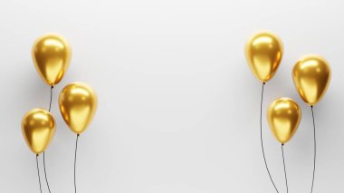 Beyaz zemin üzerinde izole altın balonlar, boş alan altın folyo balon, doğum günü için, yıldönümü, 3D görüntüleme