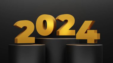 Siyah kaideler üzerine Altın Metin 2024, boş podyumlu yeni yıl konsepti. 3d oluşturma