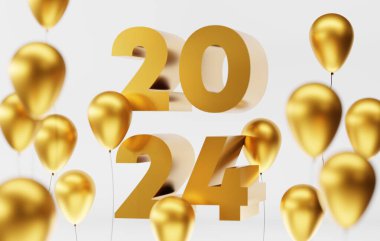 Beyaz arka planda mutlu yıllar 2024 tabelası, gerçekçi 3D altın balonlar süslemesi, 3D görüntüleme