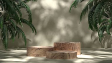 Boş ahşap tezgah, tropik bitki, premium podyum ve arka planda doğal yaprak gölgesi..