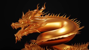 3 Boyutlu Altın Ejder Çin figürü siyah arka planda izole edilmiş, Asyalı doğulu konsept