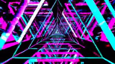Siber punk tarzında parlayan mavi ve pembe üçgen şekilli soyut neon tünel animasyonu. Dijital sanat ve VJ döngüsü için gelecek geometrik arkaplan.