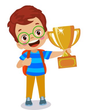 Altın kupa tutan sevimli mutlu çocuk.