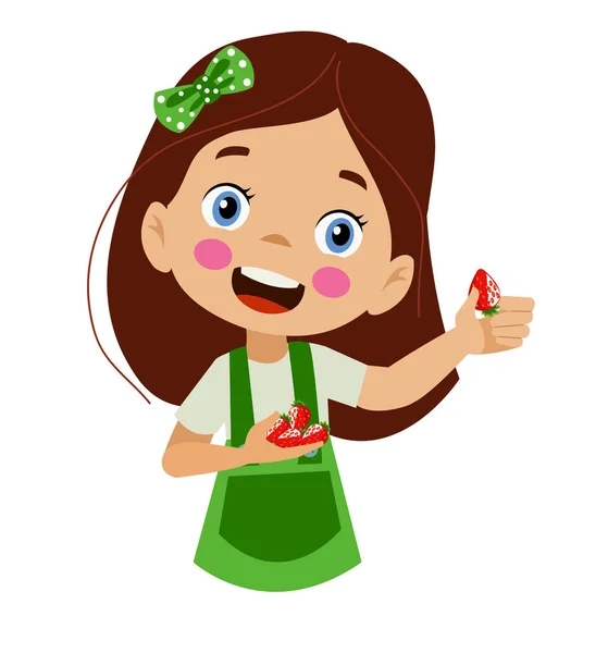 Χαριτωμένο Κορίτσι Τρώει Κόκκινη Φράουλα — Διανυσματικό Αρχείο