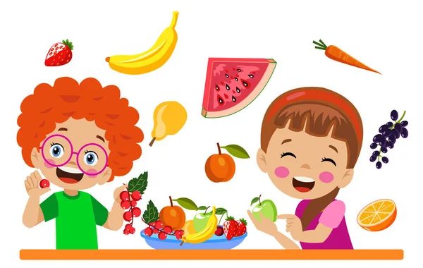 Crianças Bonitos Comer Frutas Sortidas — Vetor de Stock