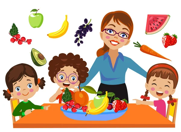 Lovely Students Eating Organic Fruit Class — Stock Vector