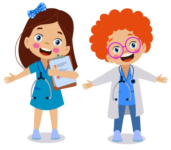 Happy Kids Wear Doctor Uniform Set — Stock Vector