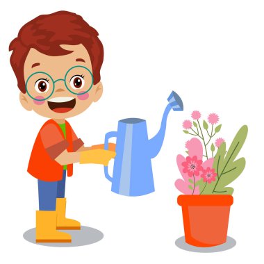 Çiçekleri eken ve sulayan tatlı çocuk.