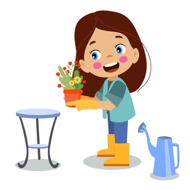 Çiçekleri eken ve sulayan tatlı çocuk.