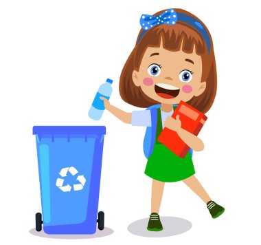 Geri dönüşüm kutusuna çöp atan sevimli çocuk.