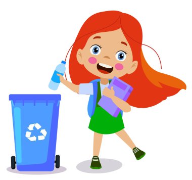 Geri dönüşüm kutusuna çöp atan sevimli çocuk.