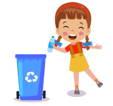 Geri dönüşüm kutusuna çöp atan sevimli çocuk.