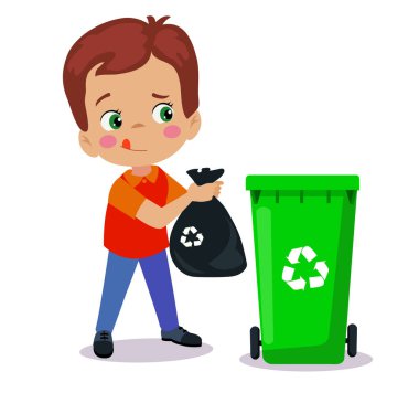 Geri dönüşüm kutusuna çöp atan sevimli çocuk.