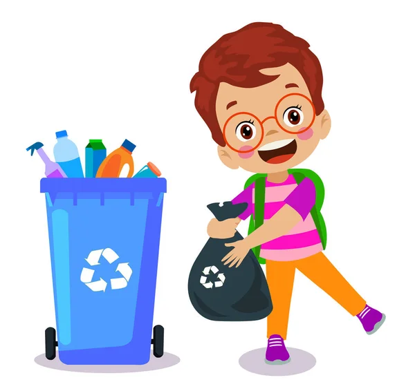 Χαριτωμένο Αγόρι Πετάει Σκουπίδια Στον Κάδο Ανακύκλωσης — Διανυσματικό Αρχείο