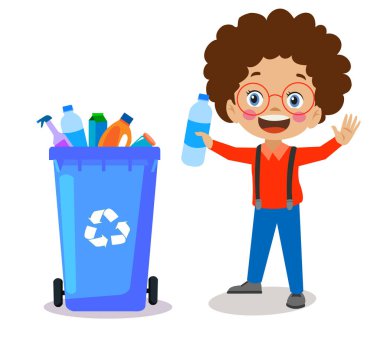 Geri dönüşüm kutusuna çöp atan sevimli çocuk.