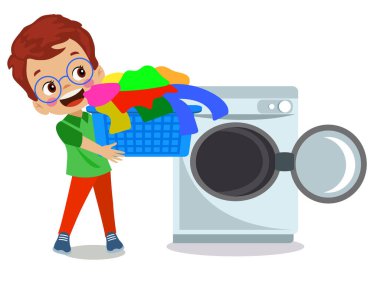 Kirli çamaşırları çamaşır makinesine atan tatlı çocuk.