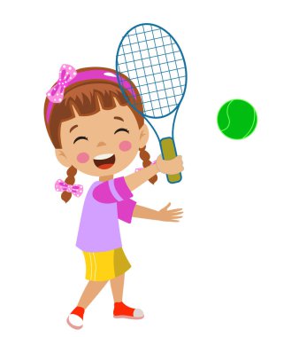 Güzel, mutlu çocuk tenis oynuyor.