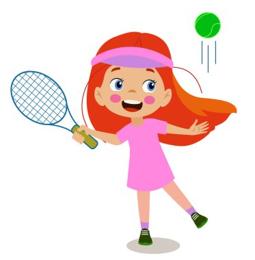 Güzel, mutlu çocuk tenis oynuyor.