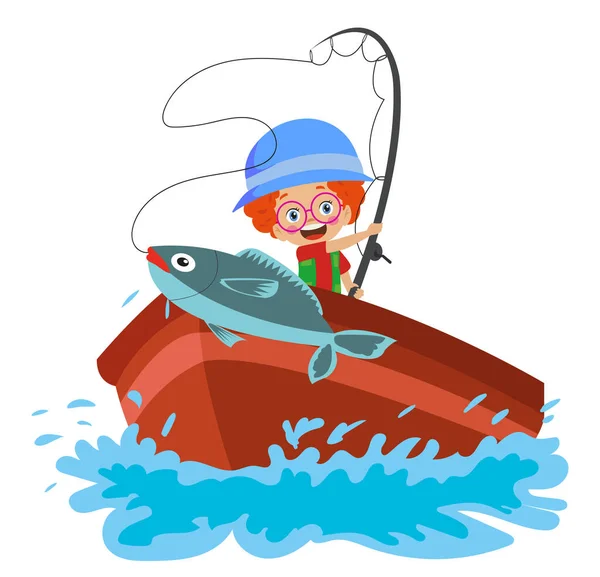 Cute Boy Fishing Boat — Stock Vector
