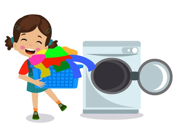 Cute Boy Throwing Dirty Laundry Washing Machine — Stock Vector