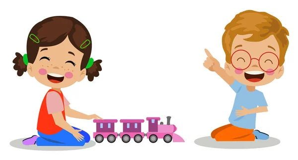 Милые Дети Играющие Игрушечным Поездом — стоковый вектор