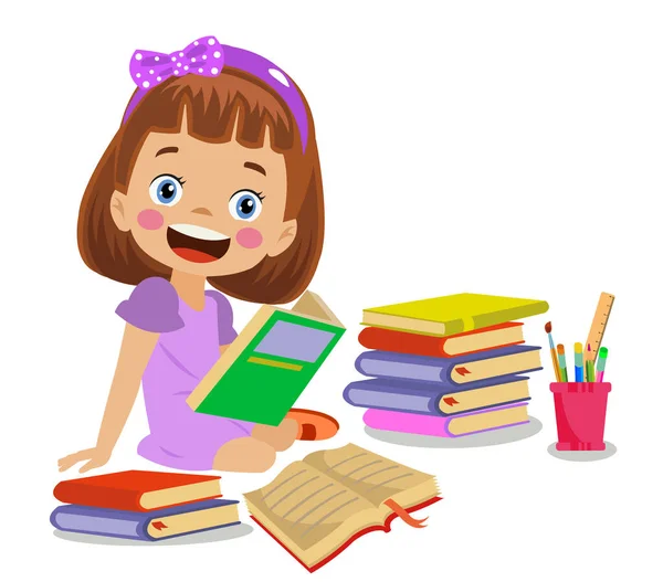 Χαριτωμένο Χαρούμενο Κορίτσι Που Διαβάζει Ένα Βιβλίο — Διανυσματικό Αρχείο