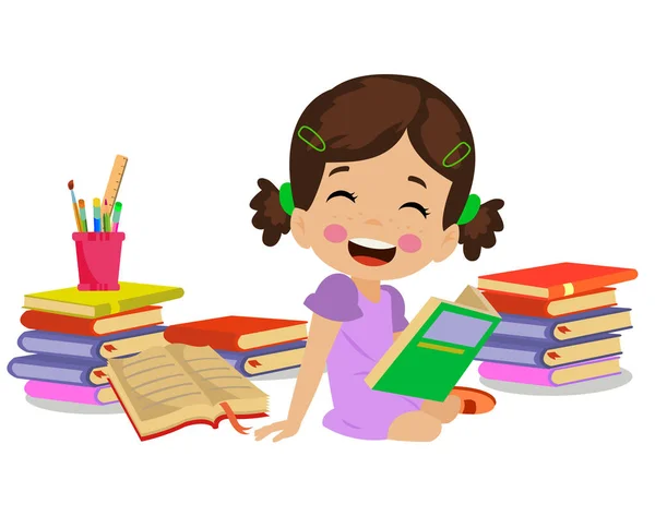 Cute Happy Girl Reading Book — Stock Vector