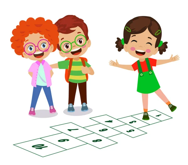Cute Happy Kids Playing Hopscotch — Stock Vector