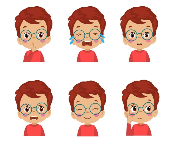 Lindo Niño Cara Expresión Emoji Emoticono Conjunto — Archivo Imágenes Vectoriales