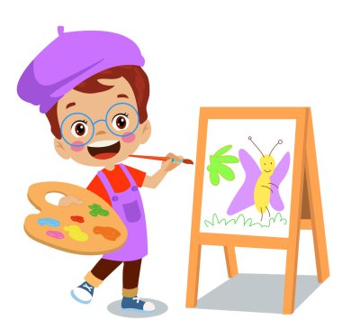 Sevimli ressam çocuk renk boyuyor.